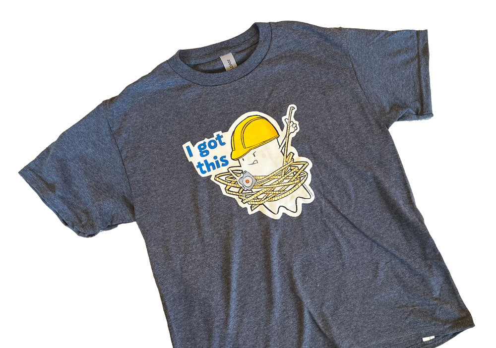 Heather Navy t-shirt with a graphic design featuring a ghost character in a hard hat wrapped in a measuring tape, with text 'I got this' on a white background.