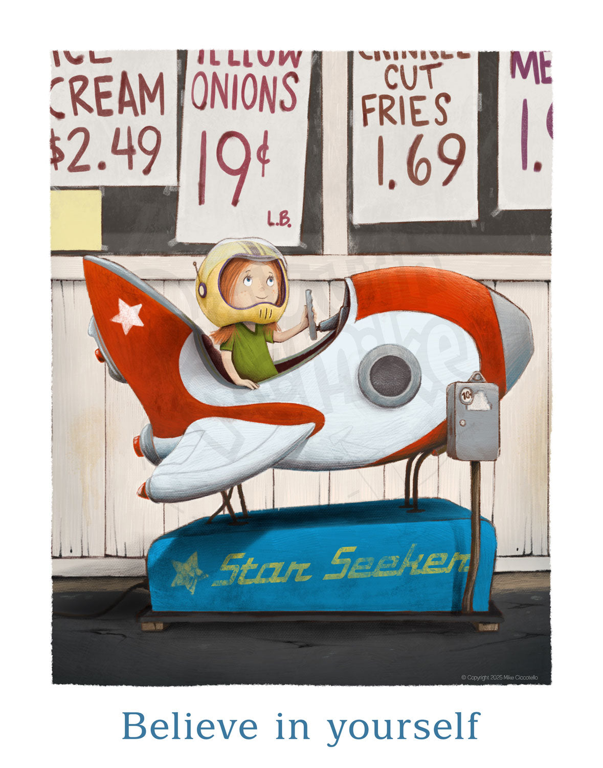 Illustration of a child wearing a space helmet, looking to the sky with wonder, in a coin operated rocket ship with 'Star Seeker' branding, set against a backdrop of vintage store signs.