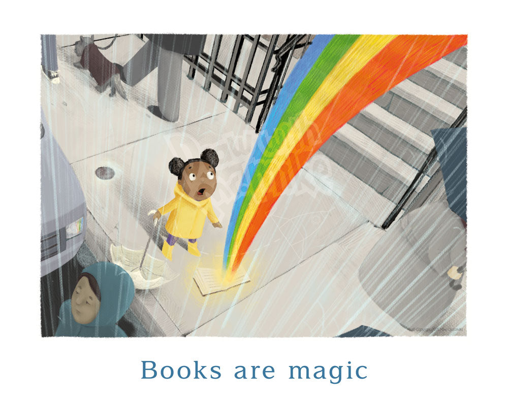 Illustration of a child in a yellow raincoat with a rainbow coming out of an open book, with text 'BOOKS ARE MAGIC' at the bottom. Illustration of a child in a yellow raincoat with a rainbow coming out of an open book, with text 'Books are magic' at the bottom on a whate background.