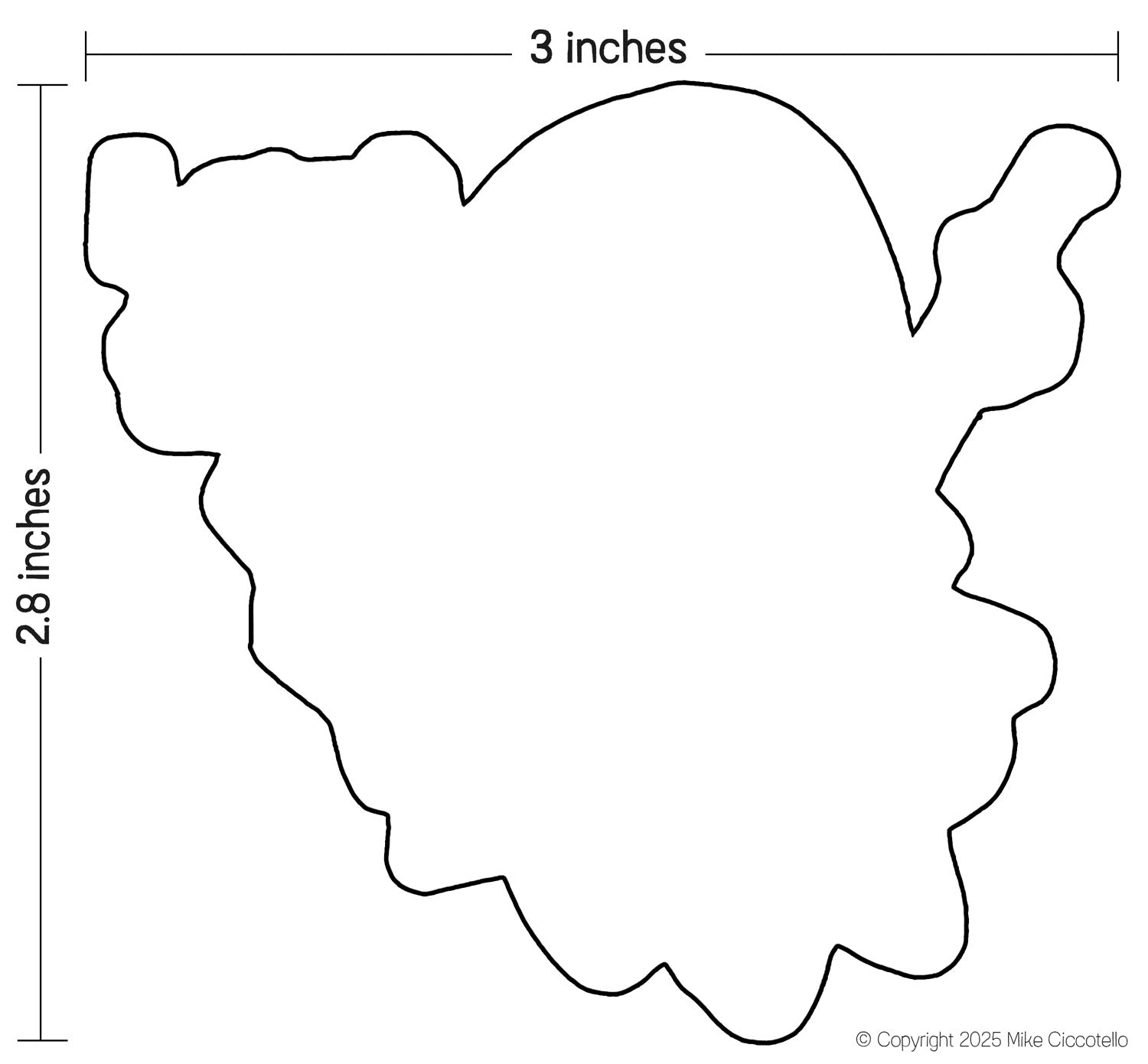Outline of a sticker shape with dimensions labeled on a white background