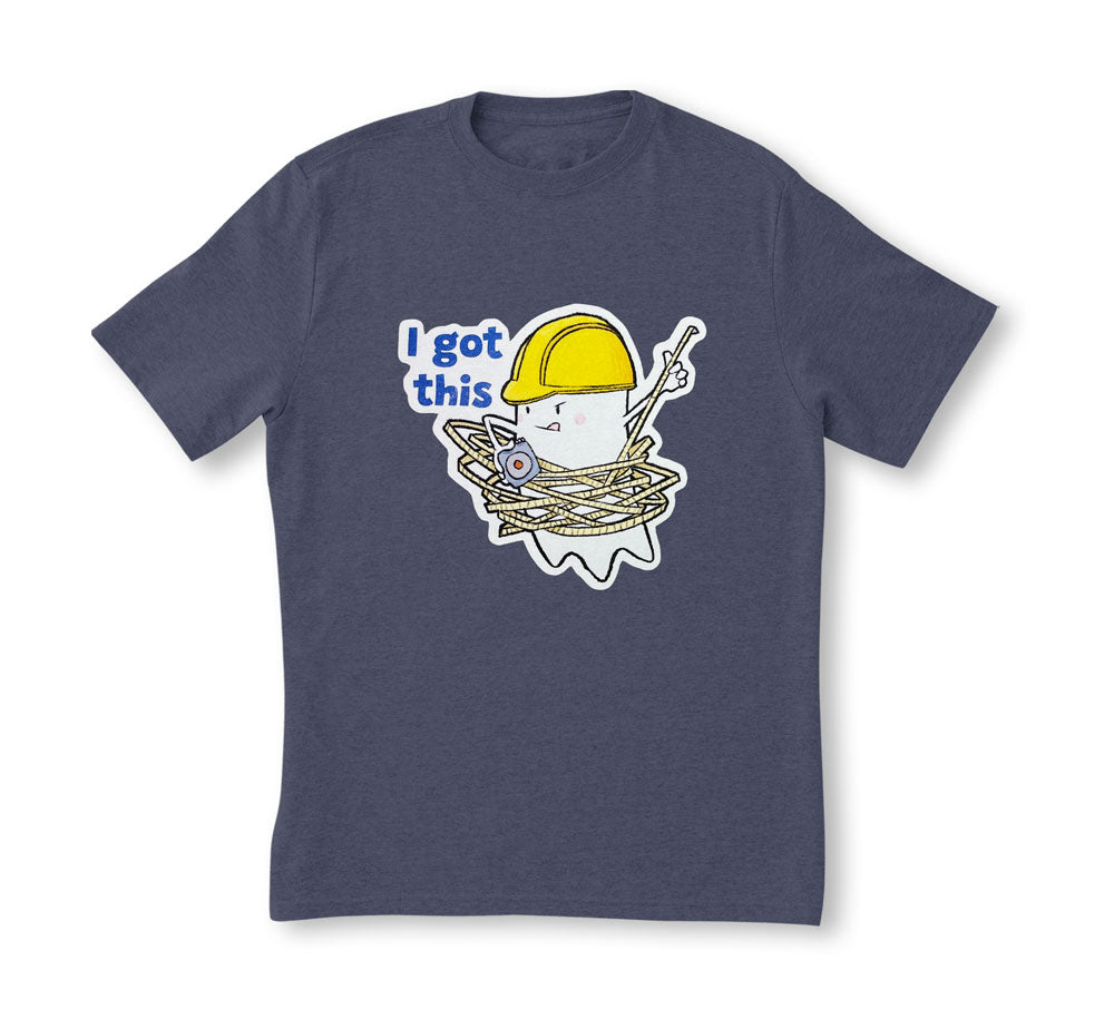 Heather Navy t-shirt with a graphic design featuring a ghost character in a hard hat wrapped in a measuring tape, with text 'I got this' on a white background.
