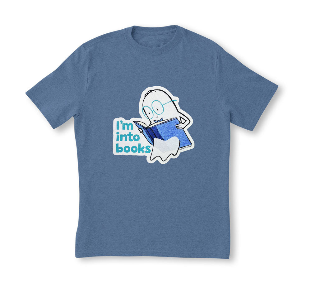 Indigo Blue t-shirt with a ghost character holding a book while reading it. The ghost is floating through the book. "I'm into Books" text appears next to the character on a white background.