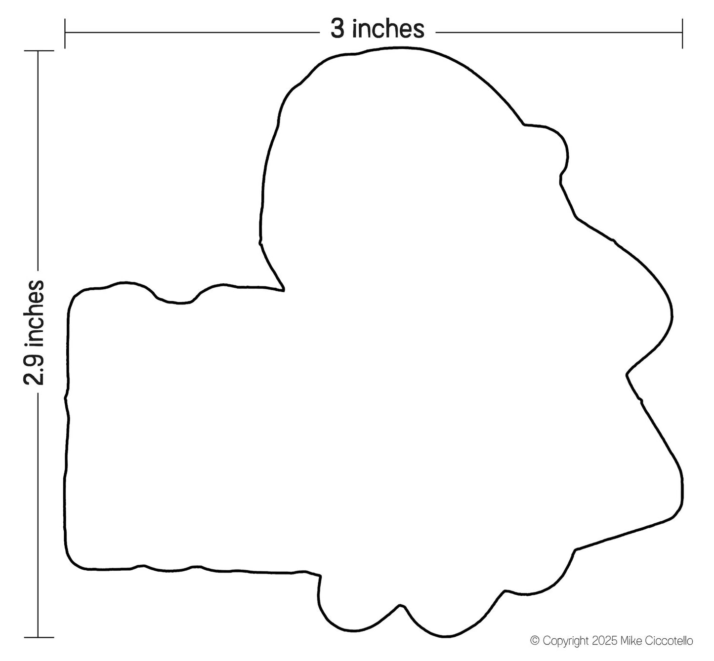Outline of a sticker shape with dimensions labeled on a white background