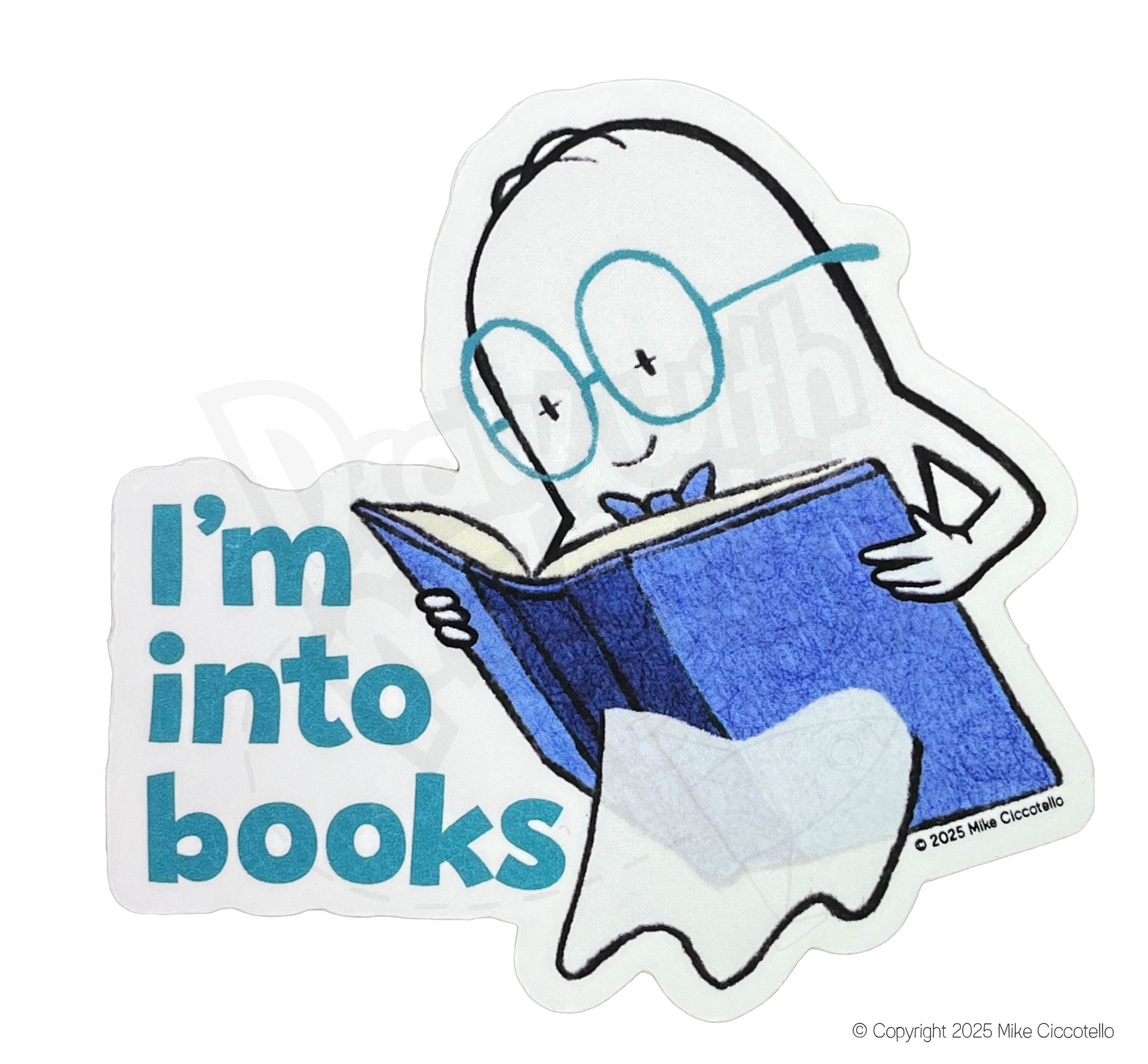 A ghost character holding a book while reading it. The ghost is floating through the book. "I'm into Books" text appears next to the character on a white background.