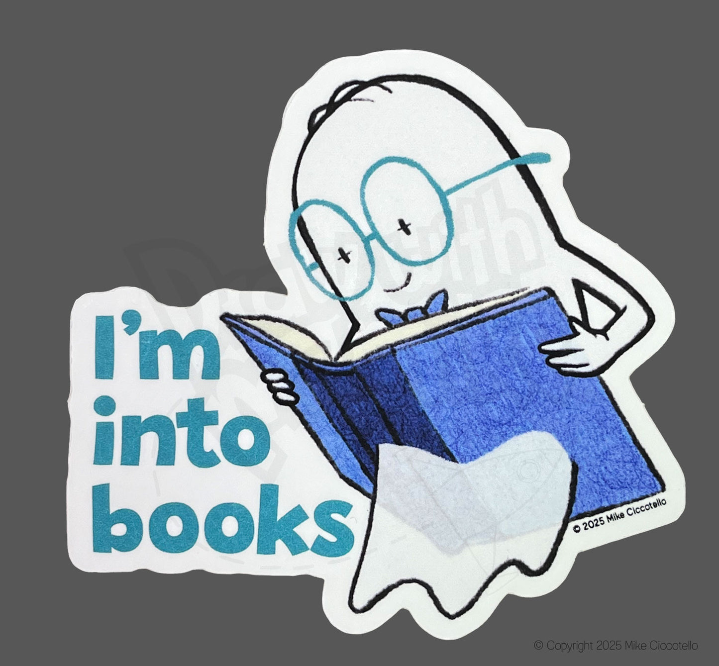 A ghost character holding a book while reading it. The ghost is floating through the book. "I'm into Books" text appears next to the character on a white background.