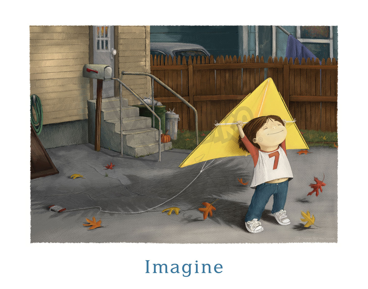 Illustration of a child holding a yellow kite in a backyard with a shadow of an eagle stretching its wings below the child and 'Imagine' text.