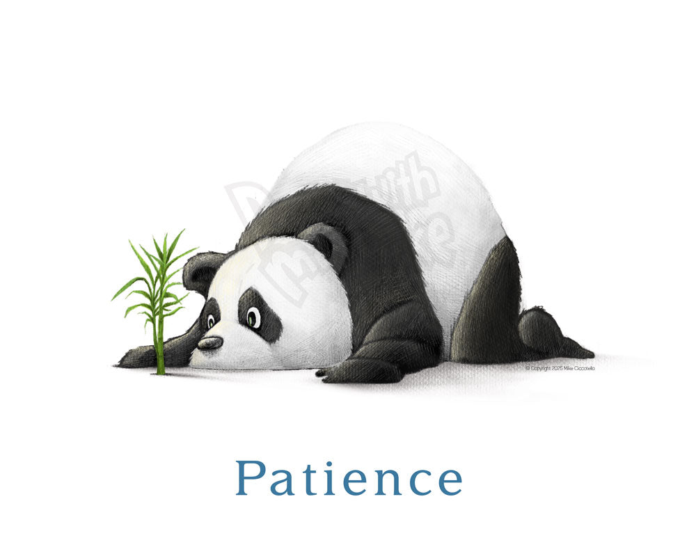 A panda character lying on the ground longingly looking at a small bamboo stalk growing. The word Patience is printed below the character in blue on a white background.