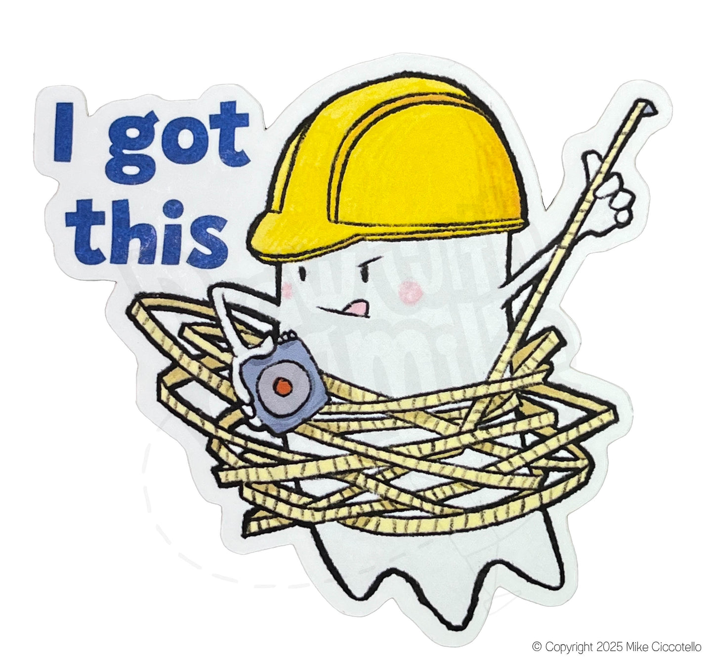A ghost character in a hard hat wrapped in a measuring tape, with text 'I got this' on a white background.